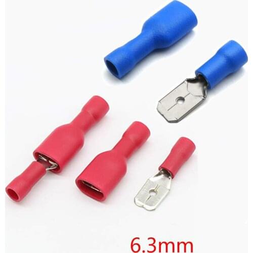 100pcs FDD 1.25-250 MDD 6.3mm Red Blue Female + Male Spade Insulated Electrical Crimp Terminal Connectors Wiring Cable Plug