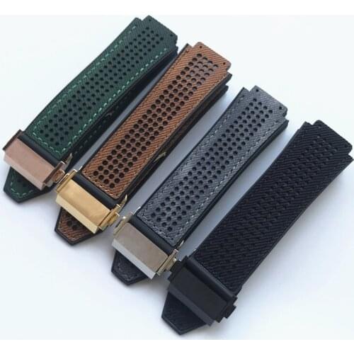 Watch accessorie 25*19mm Black Brown Gray Green leather With Rubber Strap Watchband Replace For Hublot Fusion series bracelet