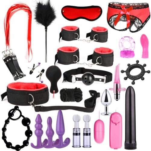 BDSM Bondage 15/17/26pcs Adult Game Prop Bullet Vibrator Butt Plug Gspot massage Handcuff Whip Mouth Gag Anal Bead Restraint Kit