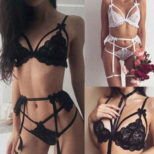 Bikini Women Sexy Lace Lingerie Set Plus Size Bra Thong Garter G-string Lingerie Set Black Red Underwear Bra Set Lenceria S-3XL