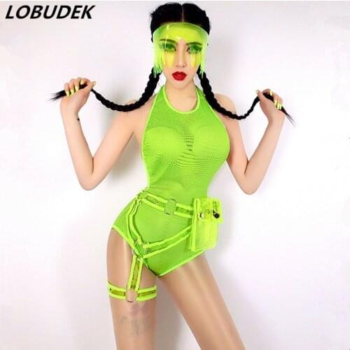 Sexy Backless See Through Bodysuit Nightclub DJ Female Singer Stage Wear Leading Dancer Performance Costume Fluorescent Costume