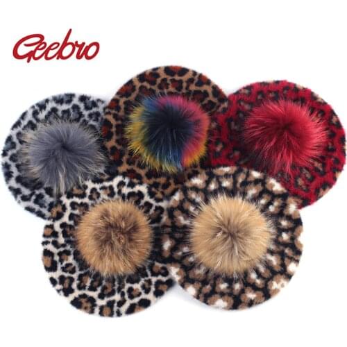 Geebro Womens Leopard Beret Hat with Raccoon Fur Pompom Winter Cashmere Warm French Artist Berets for Femme Ladies Wool Hats