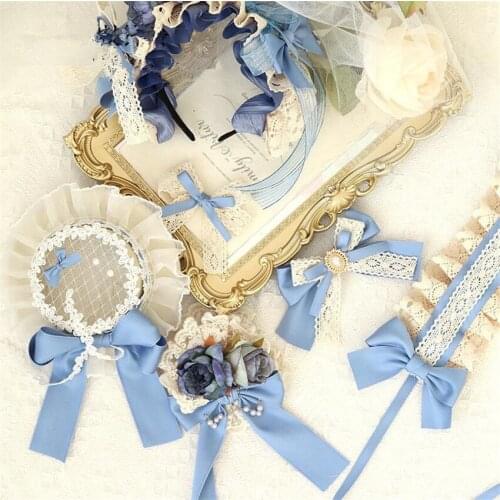 Lolita Blue Lace HairpinTrim Bow Hairband Hat Side Clip Headdress KC Hair Hoop Hair Accessories B1857