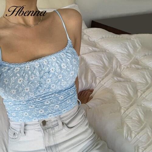 Henna Blue Floral Print Camis Women Crop Tops Women Sleeveless Casual Skinny Elastics Skinny Summer Ruched Tank Tops Streetwear