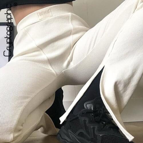 Cryptographic Casual Fashion Ribbed Knit High Waist Leggings for Women Split Flare Pant Fall 2020 Long Bell Bottom Streetwear