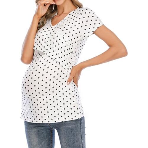 Summer Maternity Top T-shirt Round V-neck Short Sleeve Wave Point Maternity Large Size T-shirt Top Plus Size Womens Clothing
