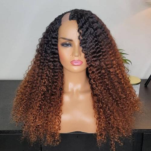 Ombre Golden Brown 1x4 U Part Human Hair Wigs Remy 200Density Kinky Curly Glueless Machine Made U Part Wigs Middle Part