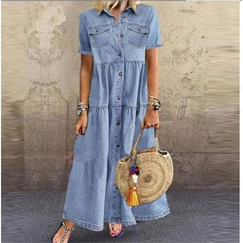 Retro Short-Sleeved Dress Blue Denim Skirt Casual Long Skirt Denim Clothing Europe And America Summer Clothes Skirts Womens 2021