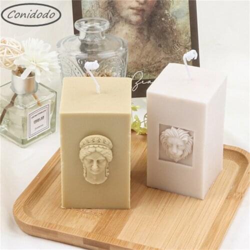Rectangular Solid Head of Lion Effigy Silicone Candles Mold Homemade Lady Portrait Thick Cuboid Molds For Soap Stereo Geometric