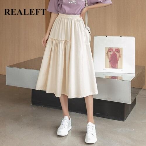 REALEFT 2021 New Arrivals A-Line Skirts Lady Elegant Solid Color Elastic High Waist Pockets Decoration Casual Midi Skirt Female