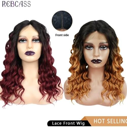 Rebcass Synthetic Lace Front Ombre Colored Deep T Part Natural Hairline Curly Wig For Black Women Heat Resistant Middle Length