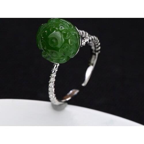 Silver S925 Pure Silver Antique Mosaic And Tian Bi Yu Lian Peng Lady High-grade High-grade Jog Opening Ring Wholesale