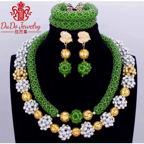 Silver Gold Green Crystal Nigerian Wedding Party Beads Statement Necklaces African Jewelry Sets Lace Jewellery Free Shipping Hot