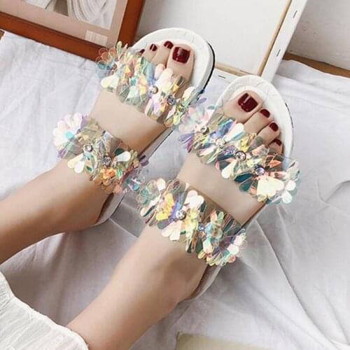 Colorful transparent summer flat slippers sequins woman bohemia flower beach slides sandals rhinestones girl flip flops slippers