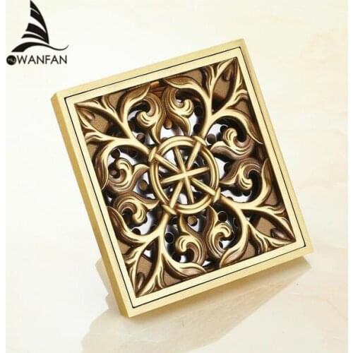 Drains 10 cm Square Antique Brass Shower Drain Hair Strainer Art Carved Bathroom Accessories Waste Grate Floor Drain Cov