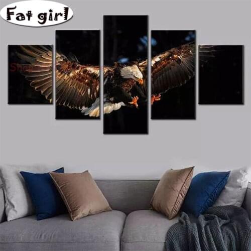 Modern Wall Art Diamond Painting 5 Panel Animal Eagle Show Wings 5D Diy Embroidery Full Square Round Drill Cross Stitch Mosaic