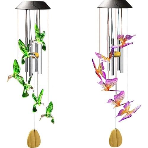LED solar wind chimes, crystal ball, hummingbird wind chimes, color-changing, waterproof and moisture-proof hanging sun garden