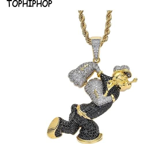 TOPHIPHOP Bling Iced Out Popeye shape Necklace & Pendant With AAA Cubic Zircon Gold Mens Women Hip hop Rock Jewelry