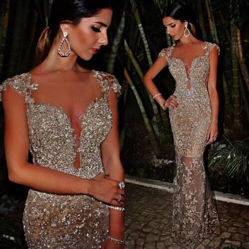 Arabic Sequin Mermaid Evening Dresses 2021 vestidos de fiesta de noche Sexy Sheer See Through Fitted Formal Prom Dress