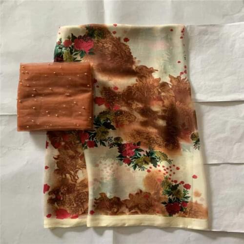 High Quality 5+2 Yards African 100% Silk Chiffon Lace Fabric For Lady Dress Stretch Printed Silk Fabric! LXF686