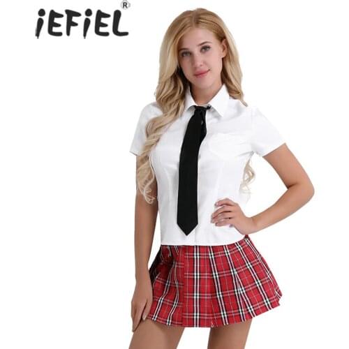 Women School Girl Costume Adult Rosplay Costume School Student Uniform Lingere Set Short Sleeve T Shirt Top Red Pleated Skirts