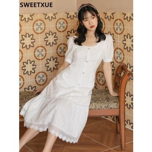 SWEETXUE 2021 Summer New Style Puff Sleeve Retro Dress Romantic Temperament White Fairy Chic Long Dress Women Vestidos