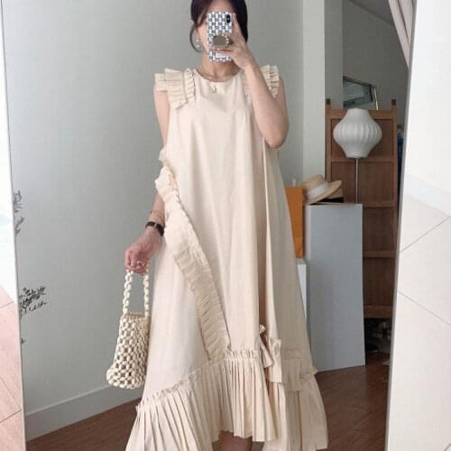 New 2021 Summer Black Prairie Chic Sweet Sleeveless Pleat Women Dress O-Neck Butterfly Sleeve Loose Vintage Long Casual Vestidos