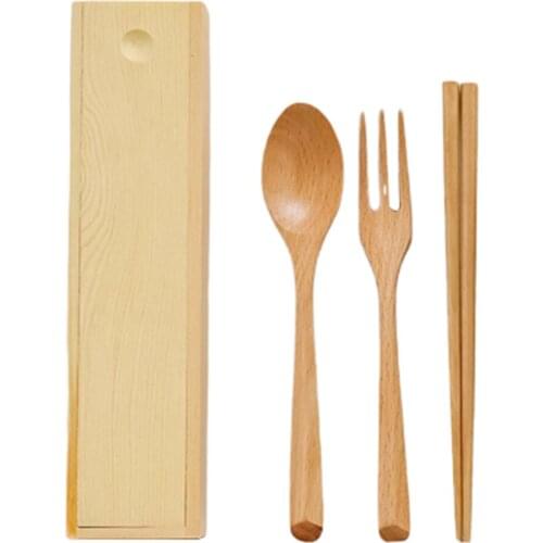 3PCS Wooden Chopsticks Spoon Fork Set Tableware With Box New For Picnic