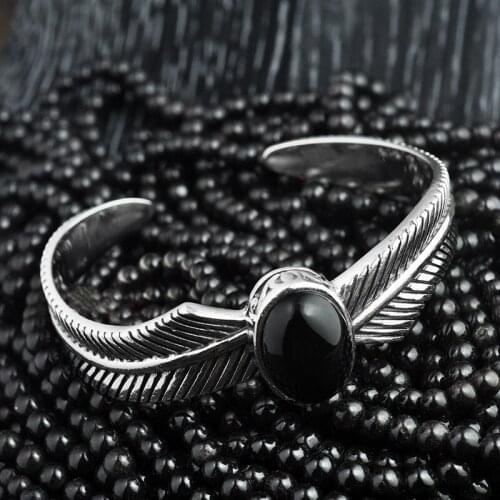 Vintage 100% 925 Silver colour Cuff Bracelet & Bangle for Men Adjustable Black Feather Bracelets Sterling Silver colour Jewelry