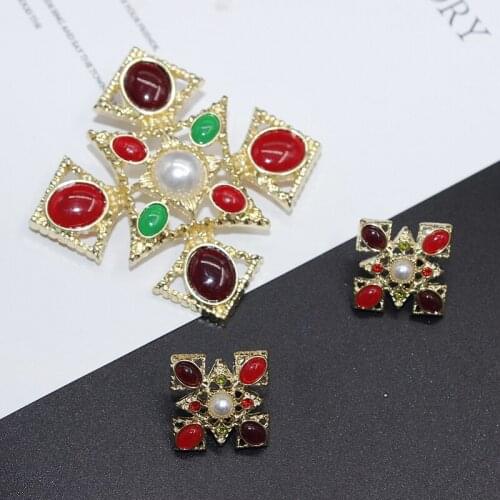 European and American Jewelry antique Baroque resin cross inlaid Rhinestone Brooch Earring Set womens gift dance elegant decora