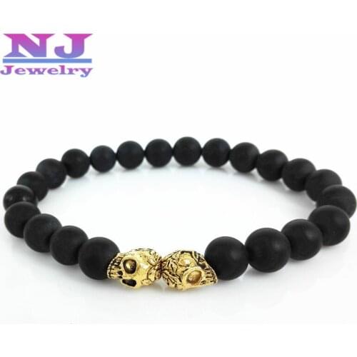 Hot Sale Yoga Men Jewelry Wholesale 10pcs/lot 8mm Black Matte Stone Stone Bead with Double Antique Gold Skull Bracelets