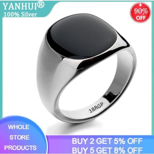 YANHUI Top Quality Black Stone Ring With 18KRGP Stamp 18K Gold Color Rare Natural Onyx Gem Rings For Men Women Vintage Jewelry
