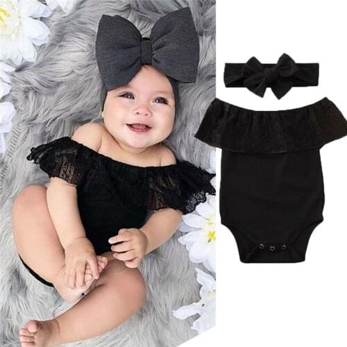 2020 New Summer Kids Infant Baby Girl Outfit Black Lace Ruffle Romper Sleeveless Jumpsuit Headband Clothes Set