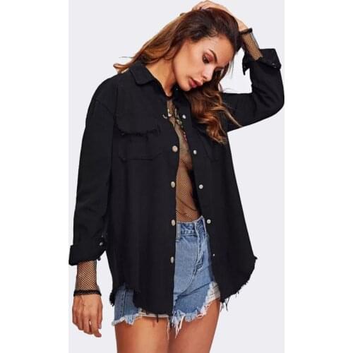 Hot Selling Spring And Autumn Ulzzang Street Jacket Solid Color Tassled with Pockets Fold-down Collar Top Womens