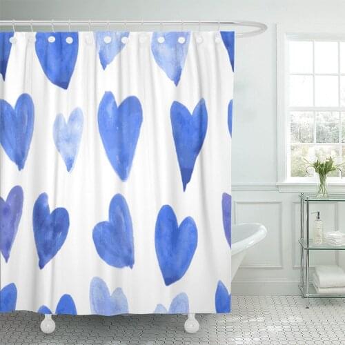 Beige Girly Blue Watercolor Hearts and Graphic Pink Cute Shower Curtain Waterproof Polyester Fabric 60 x 72 Inches Set with Hook