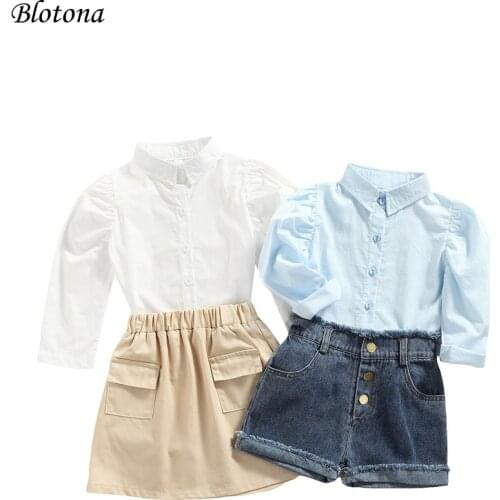 Blotona 2Pcs Girls Fashion Summer Outfits, Solid Color Turndown Collar Long Sleeves Shirt + Ripped Denim Shorts/Skirt, 1-6Y