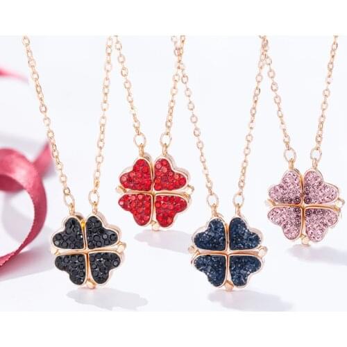 Fashion Double sided Four Heart Clover Necklace Pendant Pink Red Blue Lucky Grass Clavicle Chain Women Girl Choker