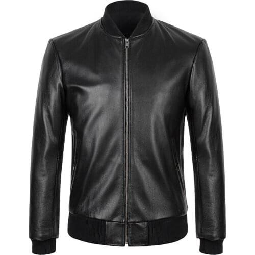 Mens Genuine Leather Baseball Coat Black Pure Color Cowhide Leather Jackets Men Business Casual Coats Outwear High Quality