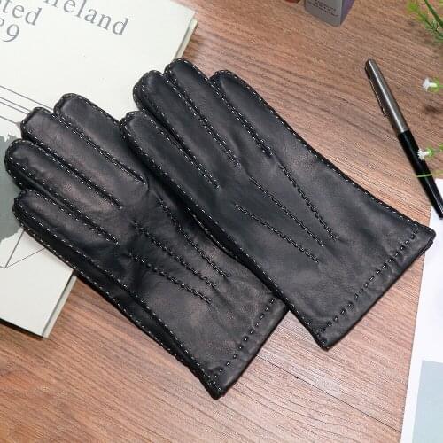 Mens Genuine Leather Gloves Pure Hand Made Fashion Black Sheepskin Gloves Autumn Winter Warm Wool Knitted Lined XC-212