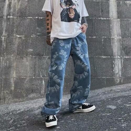 Washed Blue Loose Straight Leg Wide-leg Denim Pants Hiphop Trend Casual Jeans Thin Fashion Printed Letter Trousers Streetwear