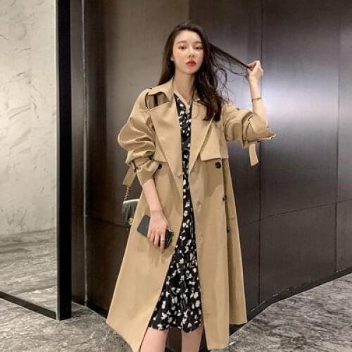 2021 Spring and Autumn New Womens Long Lace-Up Khaki Double-Breasted Trench Coat British Style Over-The-Knee Coat Trend
