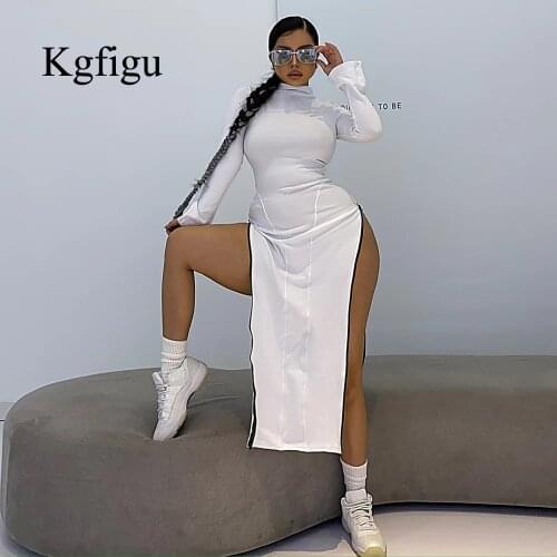 KGFIGU 2021 New Arrival Adjustable Neck Zipper Long Sleeve Fitness Knitting Elegant Ladies Sreetwear High Waist Autumn Dress