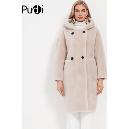 PUDI Womens Winter Warm Real Wool Fur Coat Jacket Vest Lady Over Size Hooded Fur Parka Trench H6005