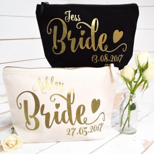 Personalized wedding bridesmaid bride Make Up makeup comestic Canvas Bags Gift for Bridal Party Bags toiletry zipper pouches