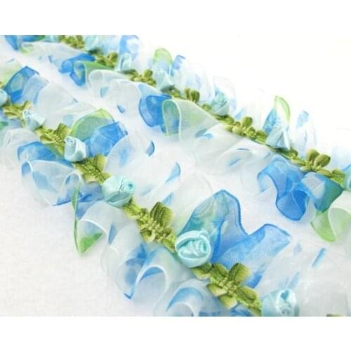 Pleated Trim|w Rococo Flower Trim|1 1/2 Inches Pleated Ombre Printed Chiffon Trim|Organza Chiffon Trim|Retro Handmade Supplies