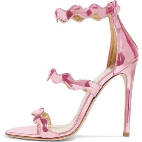Waved Straps Patent Leather Sandals Zipper Stiletto High Heels Banquet Dress Pumps Multi Choices Open Toe Heeled Ladies Shoes