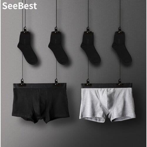 SeeBest 2 Pairs Socks 2 Boxers Mens Underpant Business Black Cotton Panties Shorts Big Size 6XL 5XL Penis Brand for Male Lot