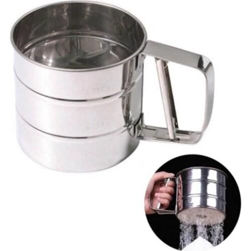 Stainless Steel Flour Sieve Cup Powder Sieve Mesh Cakes Hand Screened Sugar Mesh Sieve Baking Sieve Strainer Kitchen Gadget