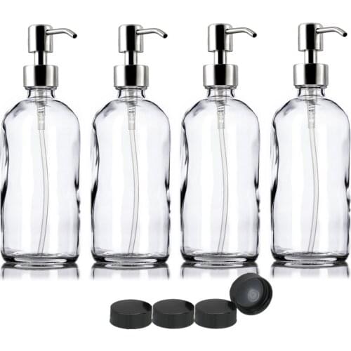 4pcs 16 Oz Clear Glass Dispenser Pump Bottle with Stainless Steel Lotion Pump Storage Cap for Kitchen Bathroom Liquid Soap 500ml