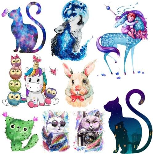 Cat/Unicorn Thermal Stickers Cute Animals Heat Vinyl Transfer For Clothing Iron On Transfers For Clothes Appliques Accessories